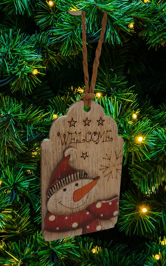 Welcome Wooden Tag Snowman Ornament