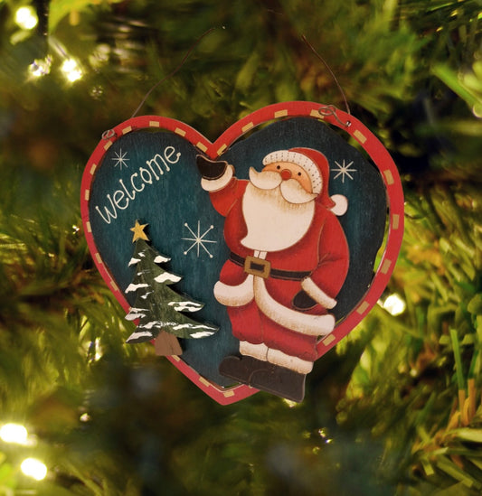 Welcome Wooden Santa Heart Ornament