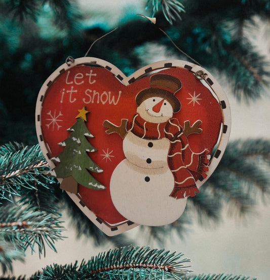 Let It Snow Wooden Snowman Heart Ornament