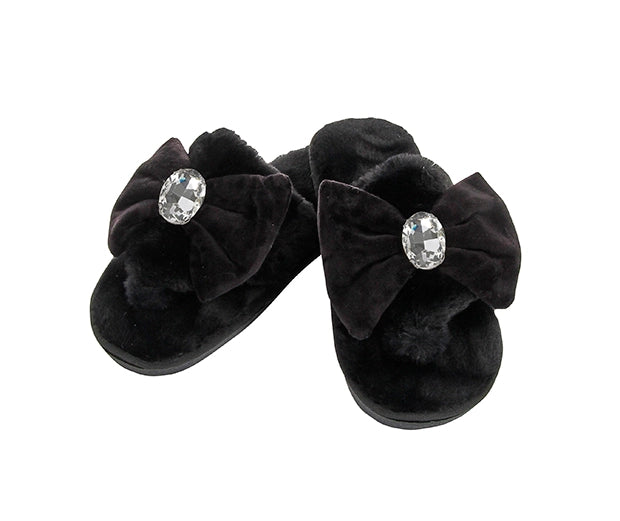 Rhinestone Bow Faux Fur Slippers