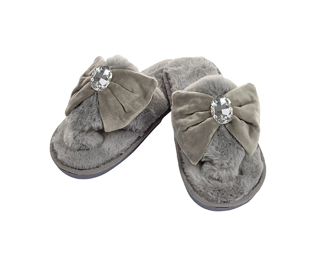 Rhinestone Bow Faux Fur Slippers