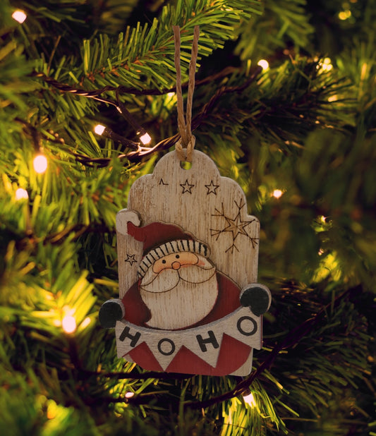 Ho Ho Ho Wooden Tag Santa Ornament
