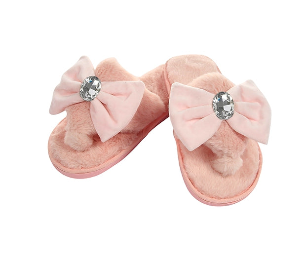 Rhinestone Bow Faux Fur Slippers