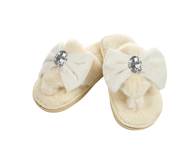 Rhinestone Bow Faux Fur Slippers